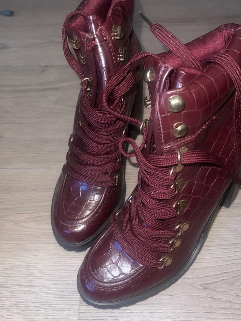 New Look Burgundy Croc-Embossed Lace-Up Ankle Boots with Gold Hardware